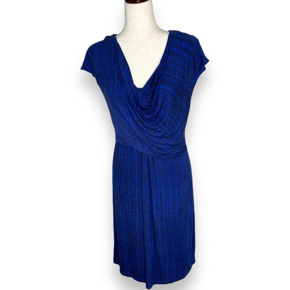 Halston Blue Draped Cowl Neck Dress Size 6 Frost Print Ruched Office Career EUC - Picture 3 of 6